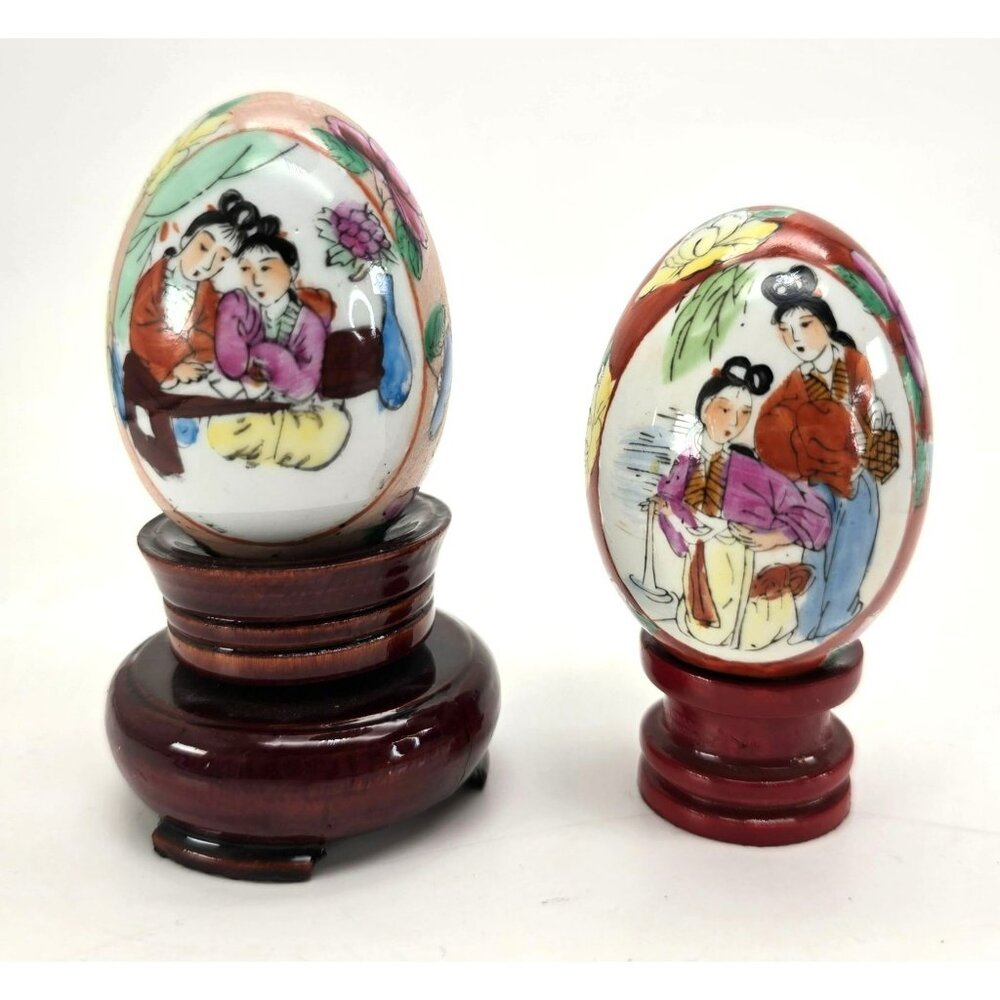 Chinese Eggs Hand-Painted Porcelain Decorative Art With Wooden Stands Set je216